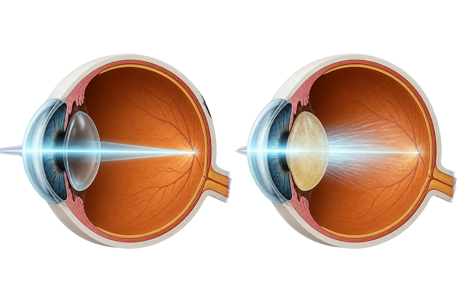 Confronto anatomico tra occhio sano e occhio con cataratta, con dispersione della luce nel cristallino opacizzato