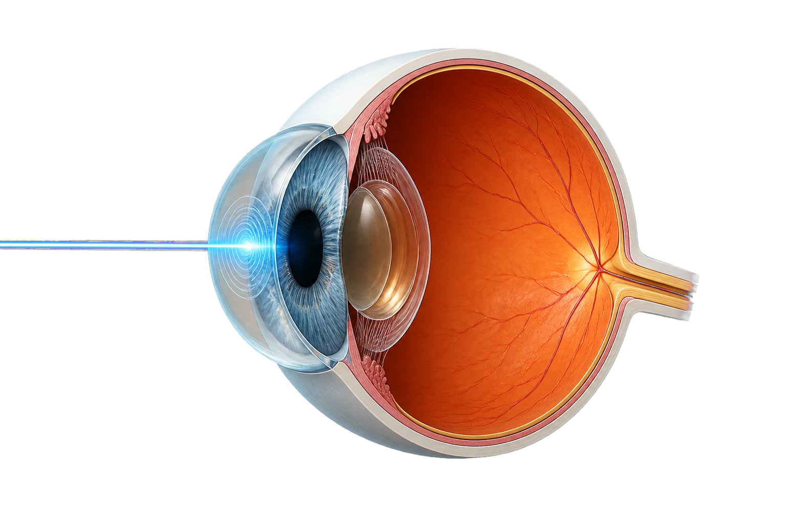 Sezione anatomica dell’occhio con laser che rimodella la cornea nella chirurgia refrattiva
