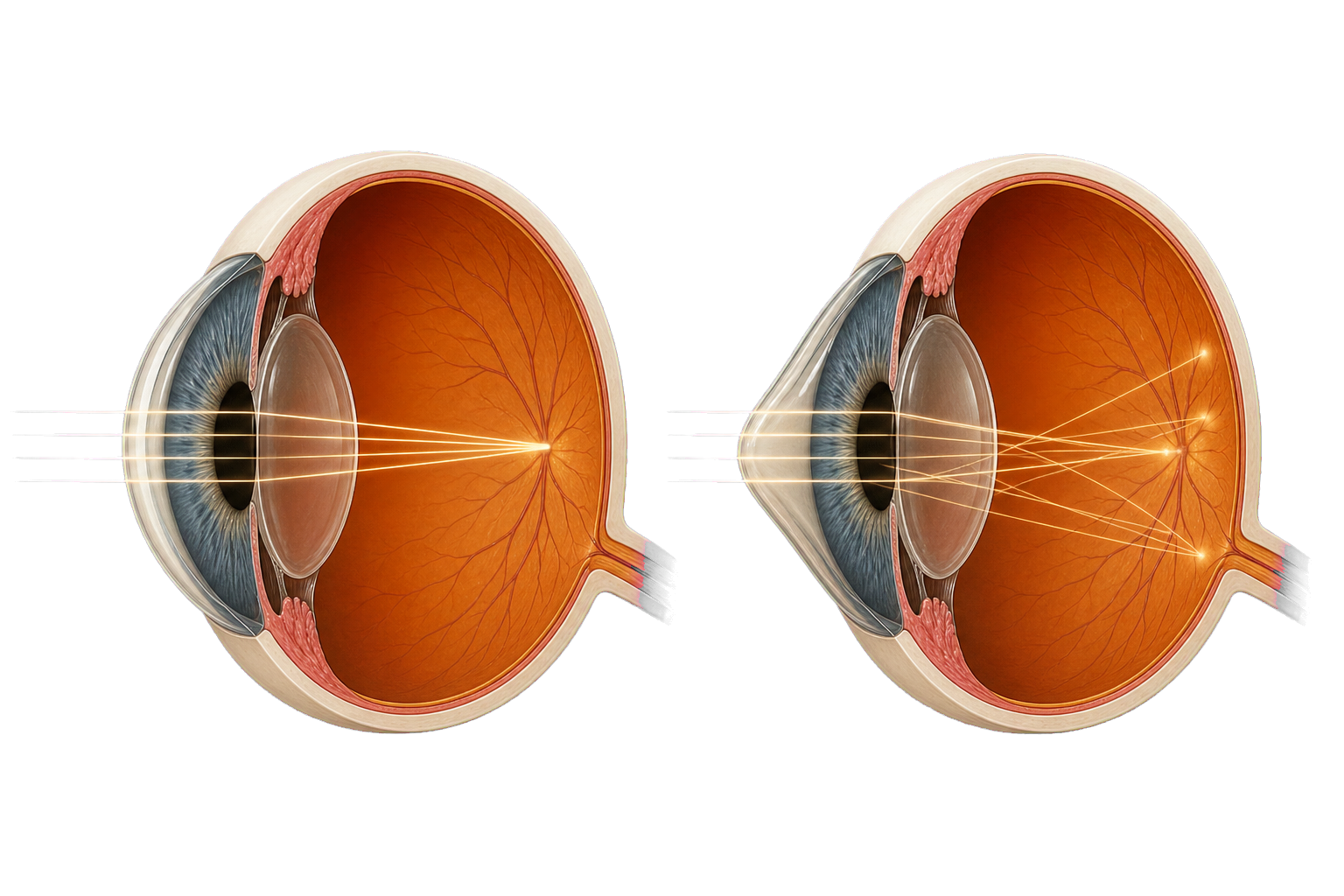 Confronto anatomico e ottico tra cornea regolare e cornea con cheratocono e messa a fuoco irregolare