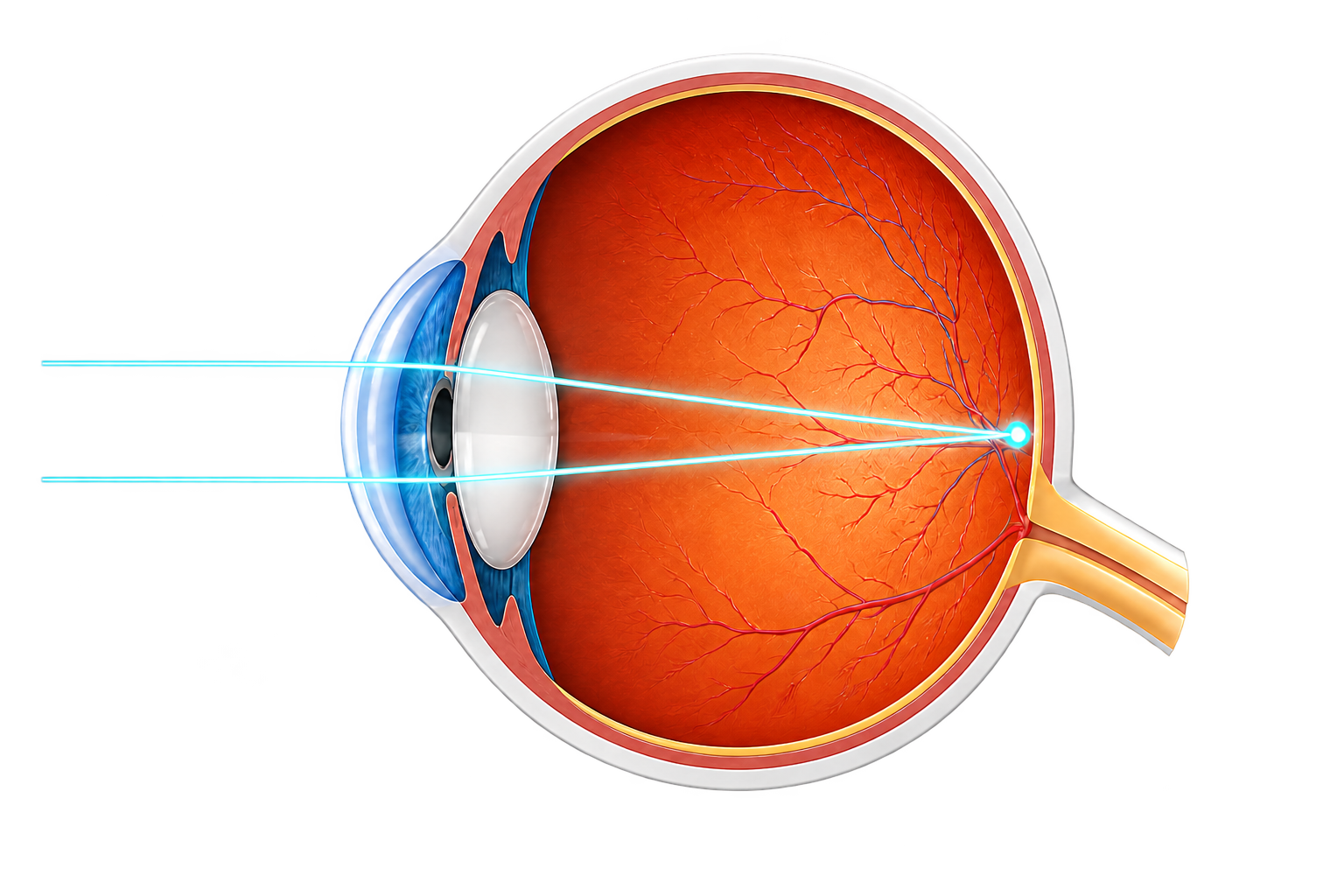 Sezione anatomica dell’occhio con raggi luminosi focalizzati sulla retina
