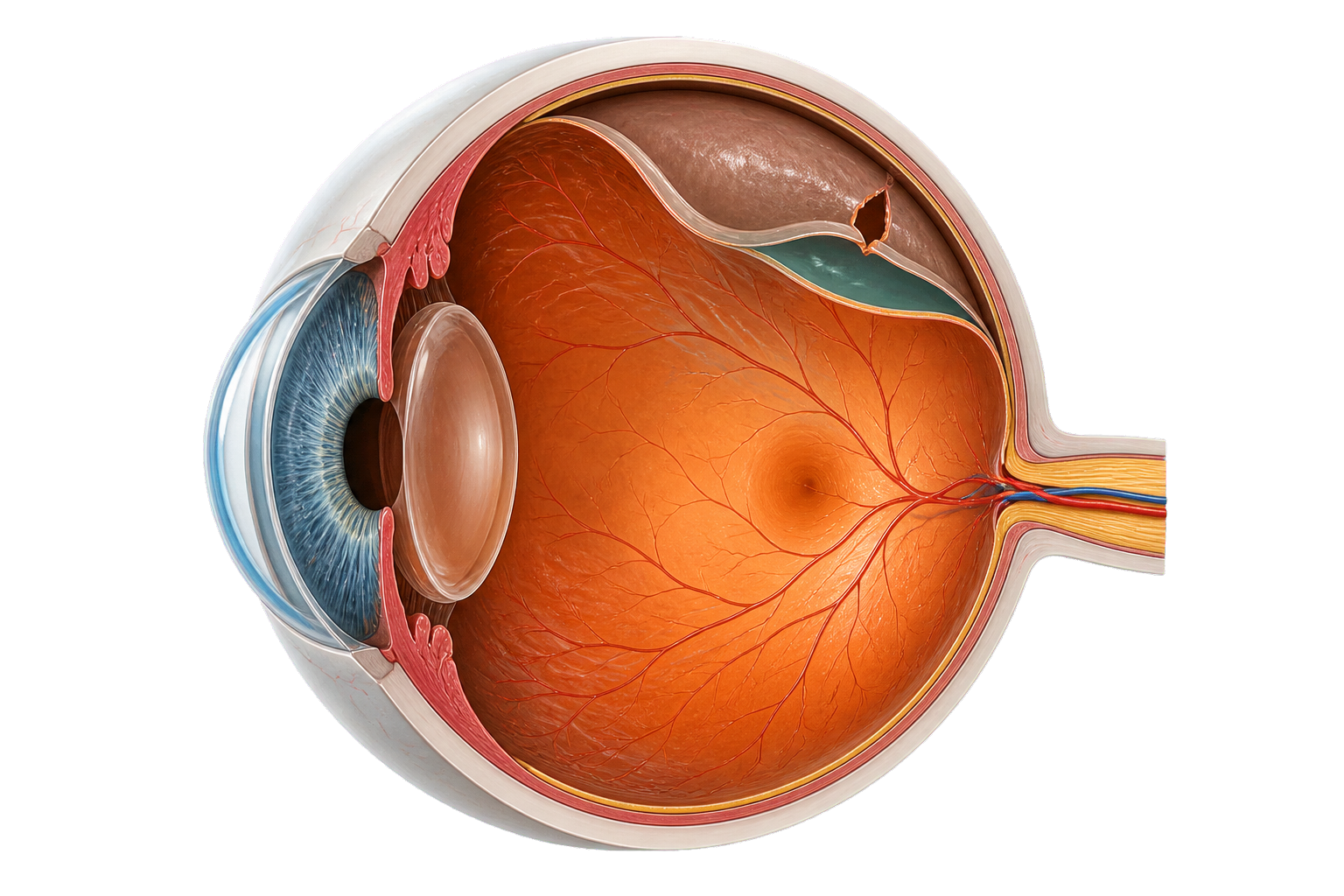 Sezione anatomica dell’occhio con retina sollevata e liquido sottoretinico nel distacco di retina