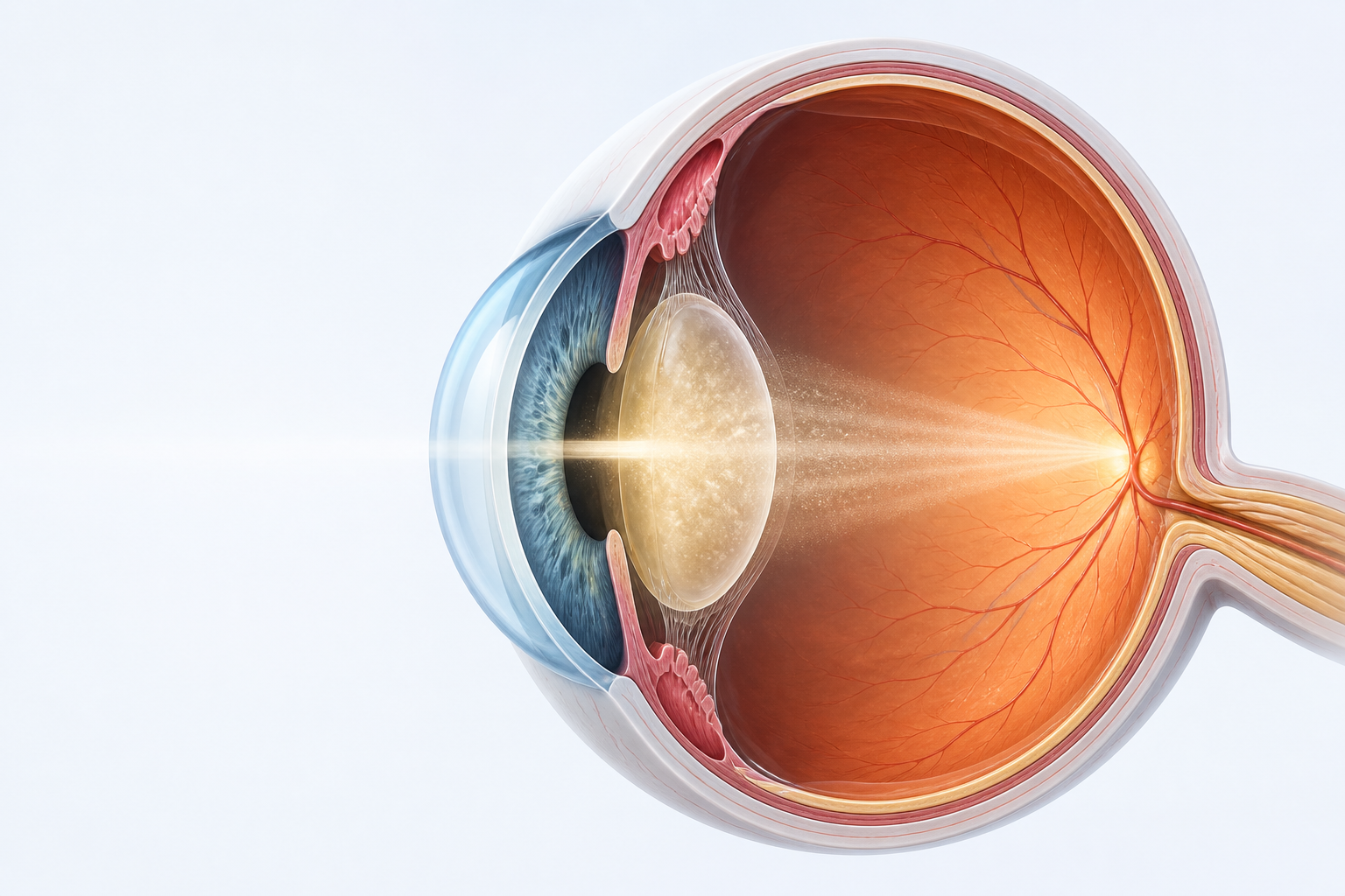 Sezione anatomica dell’occhio con cristallino opacizzato dalla cataratta e diffusione della luce