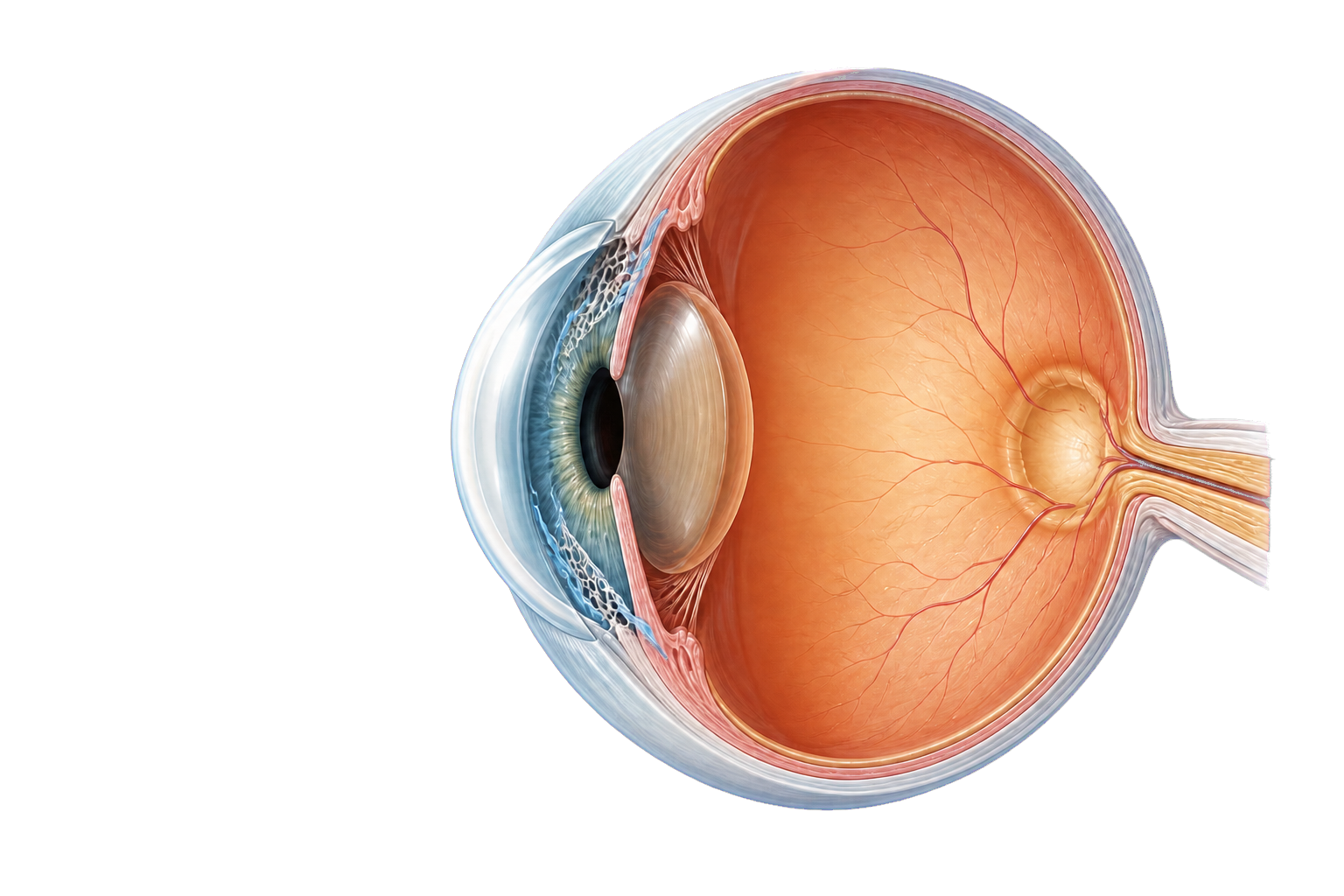 Sezione anatomica dell’occhio con angolo di drenaggio e nervo ottico interessato dal glaucoma