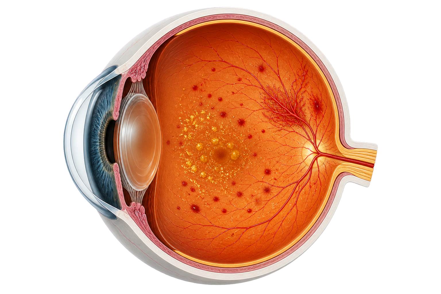 Sezione anatomica dell’occhio con alterazioni retiniche tipiche della retinopatia diabetica