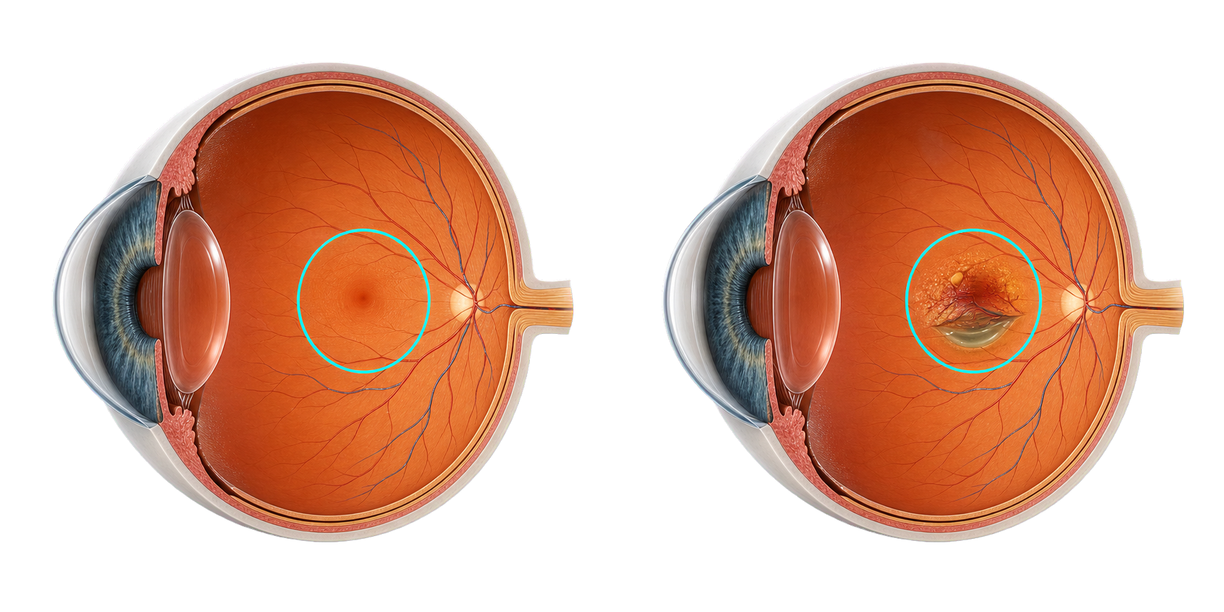Confronto anatomico tra macula sana e macula con drusen, alterazioni retiniche e fluido