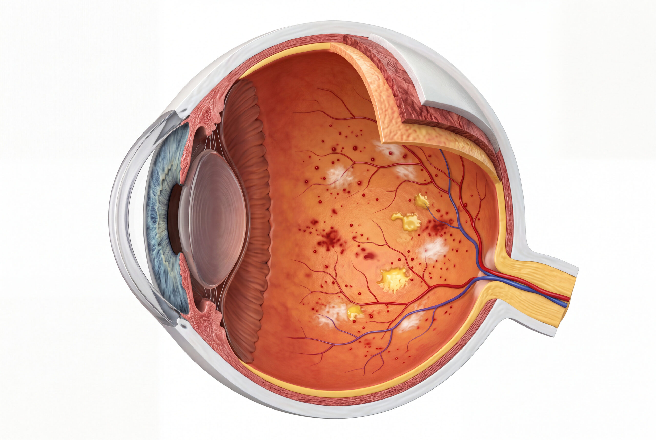 Sezione anatomica dell’occhio con retina, vasi ed alterazioni emorragiche ed essudative