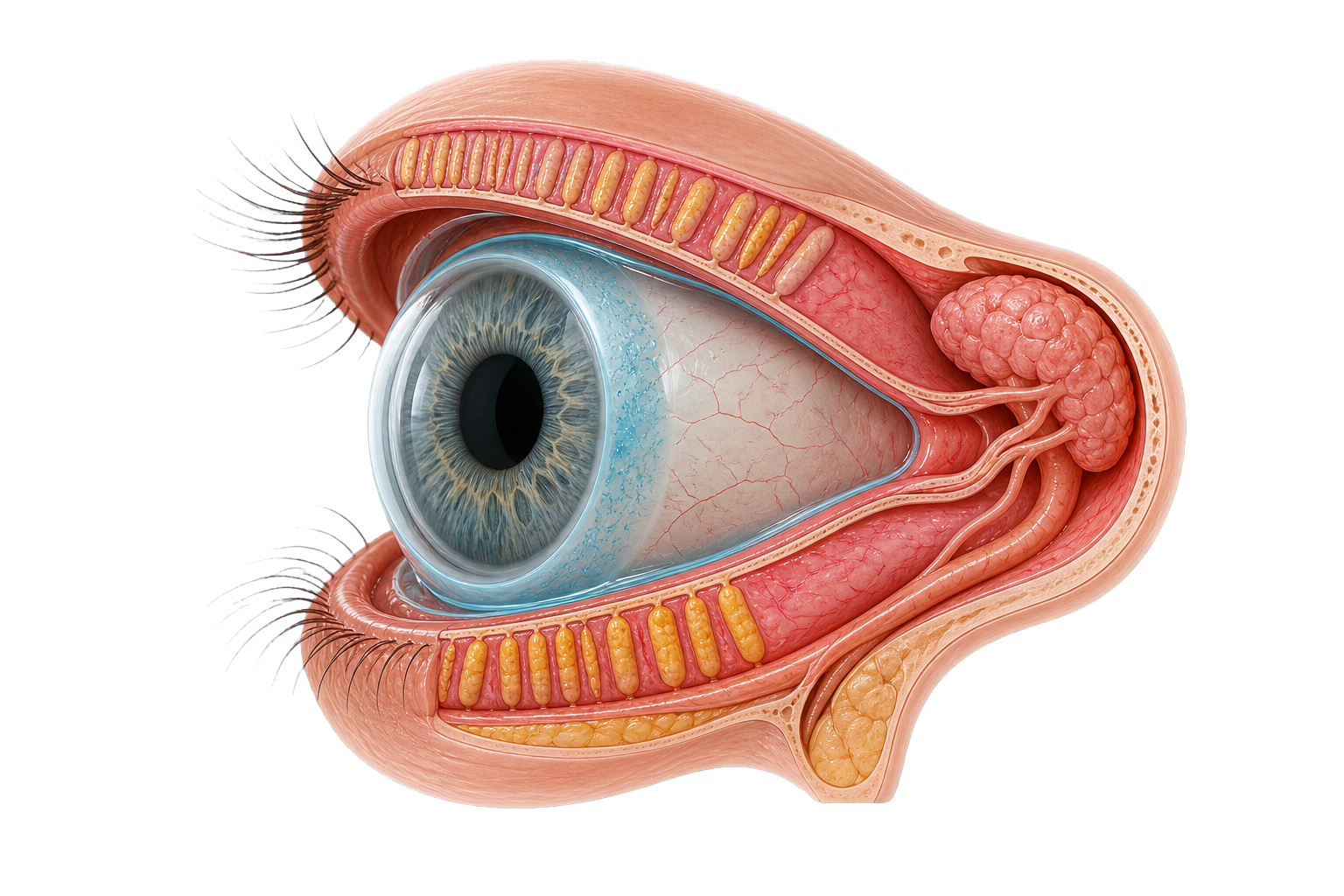 Anatomia della superficie oculare con film lacrimale, ghiandola lacrimale e ghiandole di Meibomio
