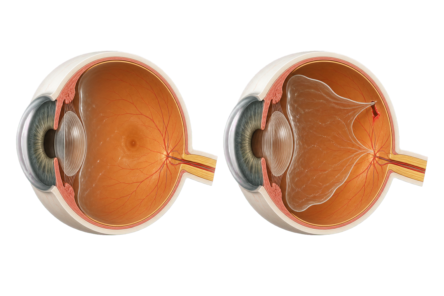 Confronto tra vitreo aderente alla retina e distacco posteriore del vitreo con trazione e piccola rottura retinica