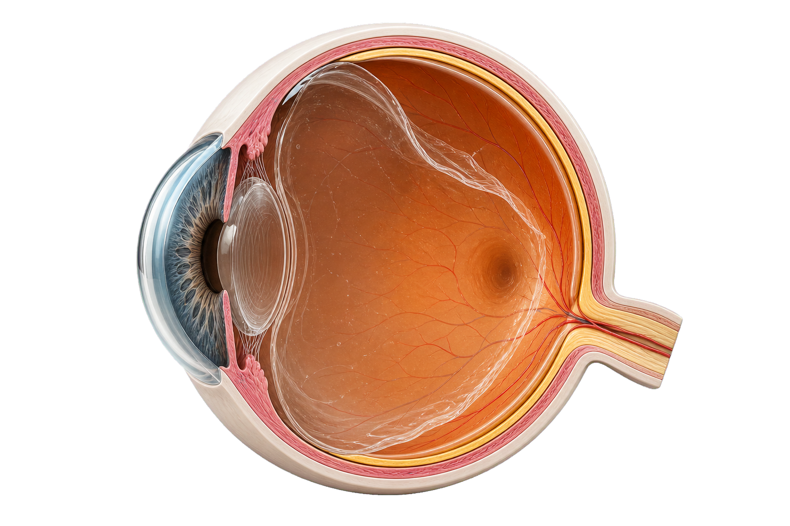 Sezione anatomica dell’occhio con retina, macula e distacco posteriore del vitreo