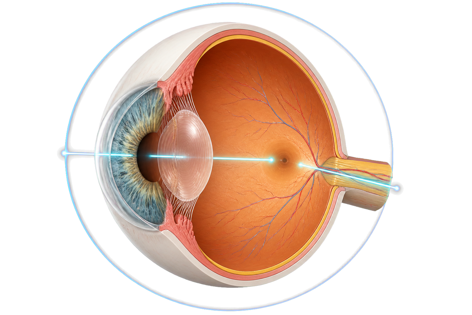 Sezione anatomica dell’occhio con percorso luminoso di esame dalla cornea alla retina e al nervo ottico